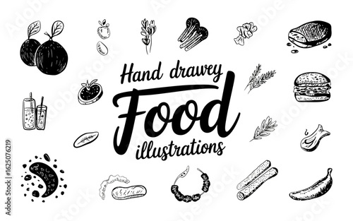 Hand drawn food elements with sketched details and organic shapes illustration