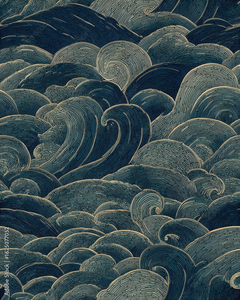 Obraz premium Hand-Drawn Seamless Zen Ocean Wave Pattern with Organic Line Texture – Abstract Minimalist Ocean Art for Backgrounds and Fabric Design