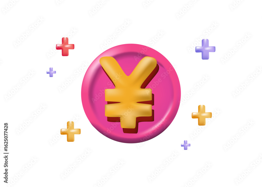 Fototapeta premium 3D Yen Symbol on Pink Circle with Plus Signs