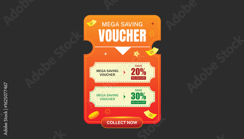 Red gradient Promotional voucher pop-up design with discount tags, used for e-commerce, seasonal campaigns, and online marketing banners.