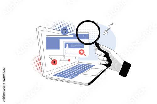Research and Analysis: Hand with Magnifying Glass Investigating Content on a Laptop Computer, Depicting Search, Analytics and Data Exploration