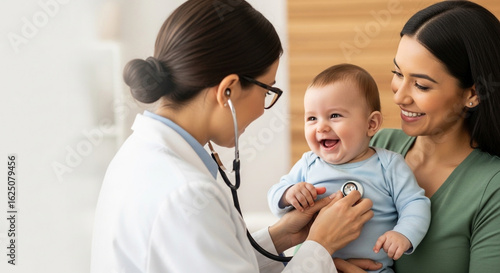 A friendly female pediatrician examining a happy baby with a stethoscope in its mother's arms, perfect for illustrating gentle pediatric care and child health