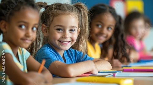 A diverse group of children sitting at a table in a classroom setting, engaged in a learning activity.