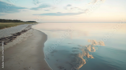 Wallpaper Mural AI Generated - Beach with a body of water in the foreground and trees in the background. Professional stock photography for commercial use. High-resolution. Premium quality. Professional grade. Torontodigital.ca