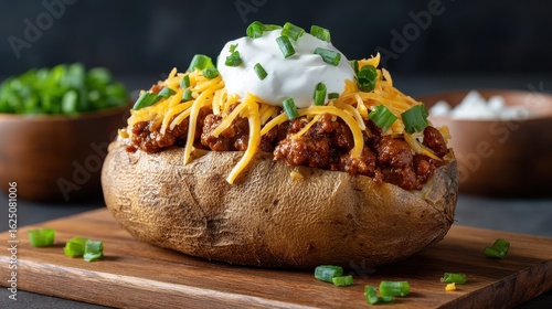 A loaded baked potato topped with chili, cheese, green onions, and sour cream, served on a wooden board with additional toppings in the background.