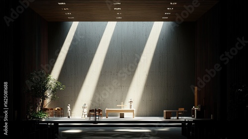 Modern church interior, sunlight streams in