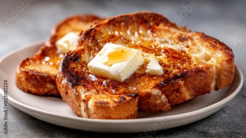 Golden-brown French toast topped with a luscious pat of butter and a drizzle of syrup, representing a classic breakfast staple loved by many across the world.