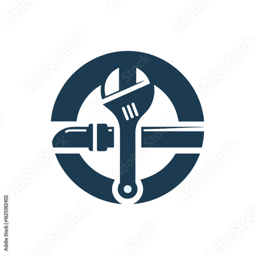 Logo design featuring a wrench and pipe within a circular emblem, symbolizing plumbing services