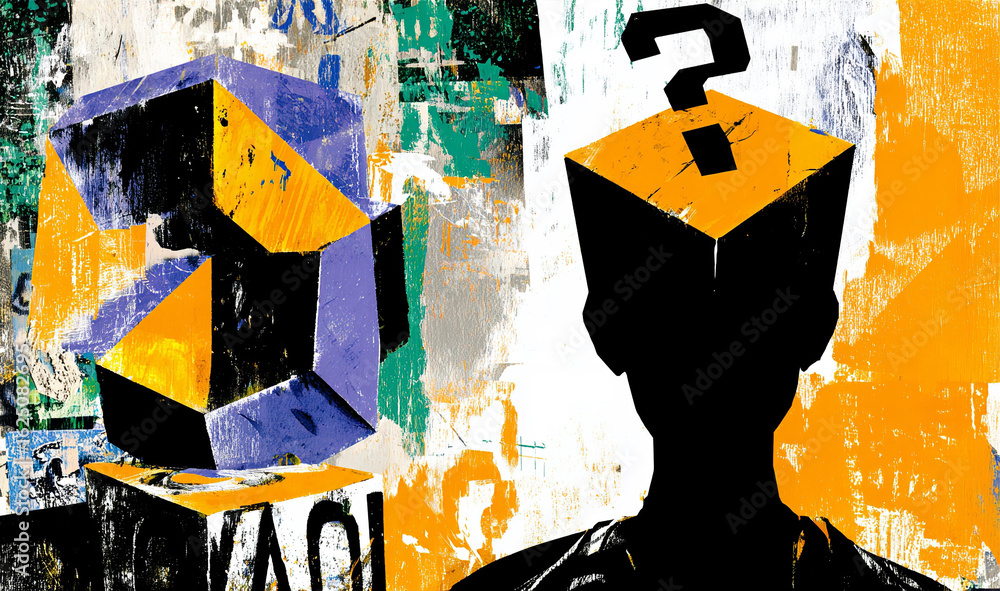 Fototapeta premium Thought and Curiosity, Abstract Man’s Head with Growing Question Mark, symbolising doubt, thinking, intellectual growth, and self-inquiry