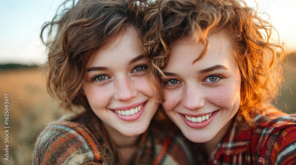 Obraz premium Two happy young women pose for a joyful photo, showcasing their beautiful smiles and connectivity while enjoying a lovely day outdoors in a field during golden hour.