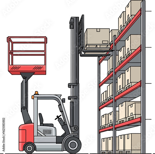 Forklift with elevated platform loading boxes onto high warehouse shelves.