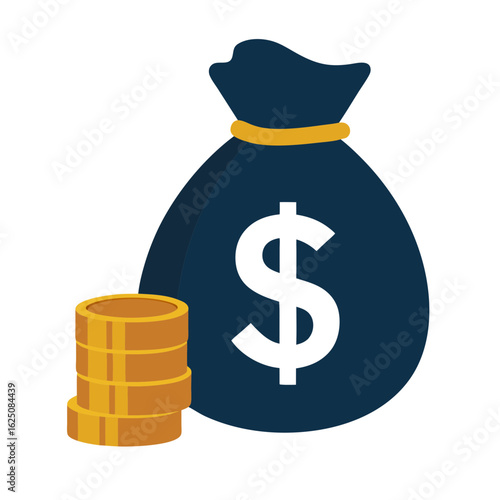 Vector illustration of a dark blue money bag with white dollar signs