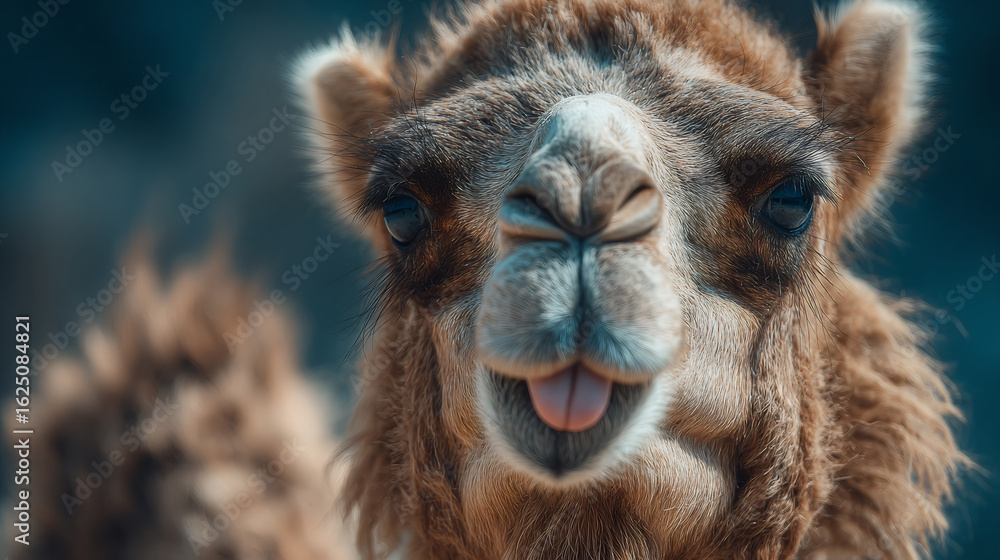 Obraz premium Camel sticking out tongue in desert landscape with bokeh