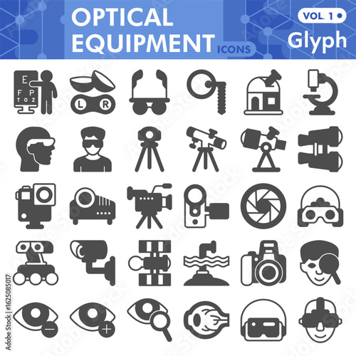 Optical equipment symbols collection or sketches. optics theme in glyph style signs for web and app. Vector graphics isolated on white background.