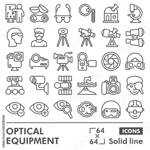 Optical equipment symbols collection or sketches. optics theme in line style signs for web and app. Vector graphics isolated on white background.