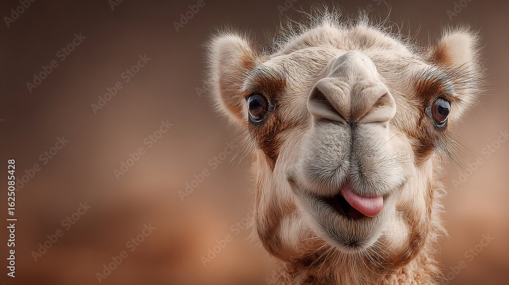 Fototapeta premium Camel portrait with tongue out and expressive face in warm lighting