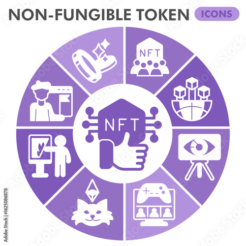 Non fungible token symbols collection or sketches, nft theme glyph bubbles style signs for web and app. Vector graphics isolated on white background.