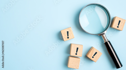 Looking for Solutions: A magnifying glass highlights wooden blocks with exclamation marks on a light blue surface, symbolizing the search for answers.