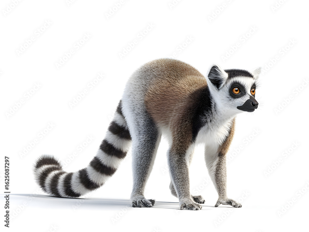 Obraz premium Ring-Tailed Lemur (Lemur Catta) Close-Up | Majestic Ring-Tailed Lemur in Forest | Ring-Tailed Lemur Sitting on Branch | Endangered Lemur Species Portrait | Black and White Tail of Ring-Tailed Lemur | 