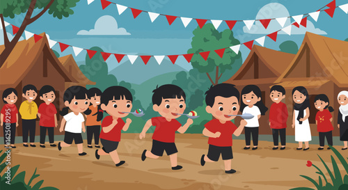 Children participating in a traditional Indonesian race, balancing plates while running.