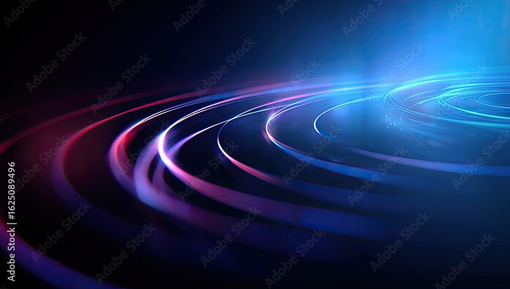 Fototapeta premium Abstract concentric circles with glowing, swirling, vibrant, pink and blue lines on dark background