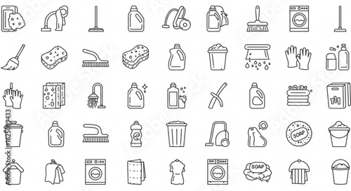 Collection of outline icons featuring various cleaning supplies and equipment for household chores vreated with genrated ai