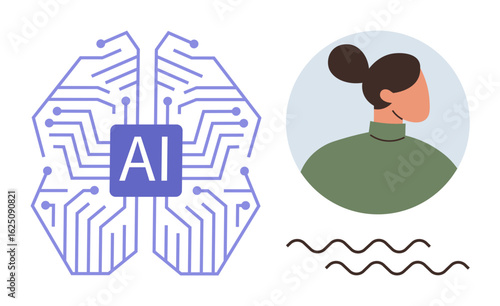 AI brain with circuits, a woman in profile view, and abstract lines. Ideal for technology, innovation, connection, science, AI-human interaction data and simplicity. Minimal flat metaphor