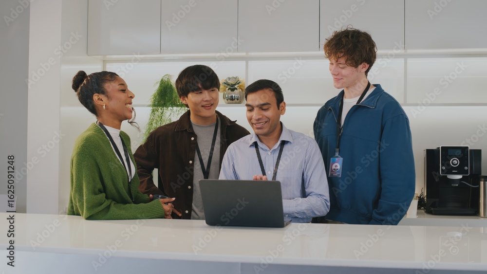 Fototapeta premium Happy diverse group of people including highschool student team working in modern office. Smiling young startup employees collaborating on project together