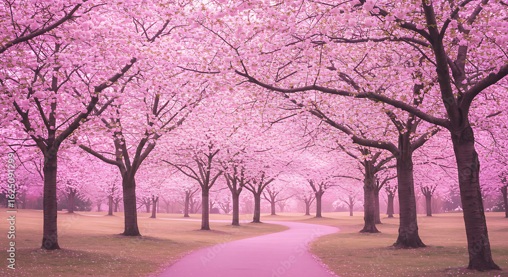 Pink Cherry Blossom Trees Lining Winding Pathway. Pink Cherry Blossom Trees Lining Winding Pathway.