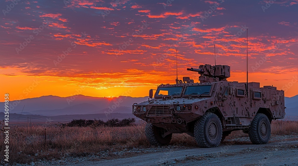 Fototapeta premium Military vehicle at sunset. A camouflaged armored vehicle stands on a dusty track at dawn. Vivid sunset colors paint the sky above a mountainous horizon