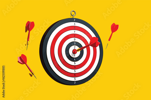 Target icon in 3d flat style on yellow background. Arrow in the center aim. Vector design element for you business projects