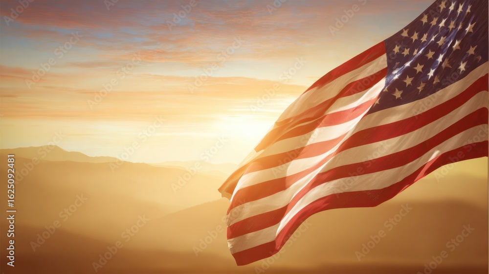The waving American flag illuminated by a beautiful sunrise over mountains.