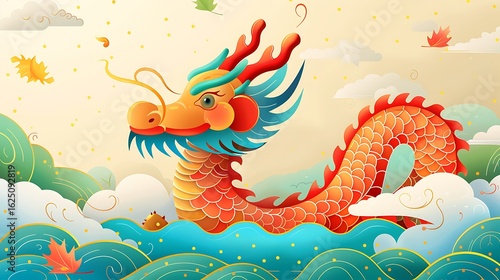 A colorful and festive illustration of a chinese dragon in the sky