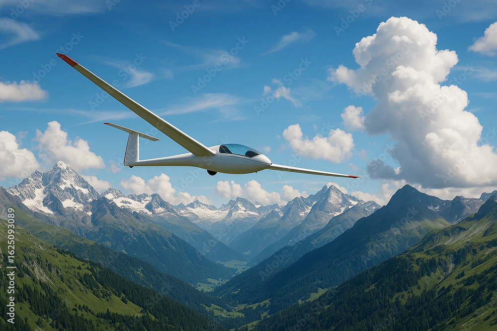 Fototapeta premium White glider soaring above alpine valley with snow-capped mountains and blue sky.