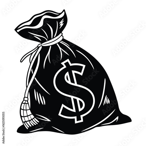 Monochrome illustration of a money bag with a dollar symbol. Simple black silhouette for wealth, banking, and finance concepts.
