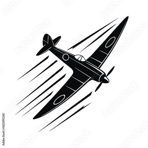 Classic propeller fighter airplane silhouette flying with motion lines. Vintage aircraft vector icon illustration.