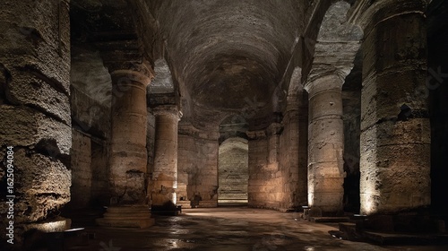 Mystical underground cistern featuring vaulted ceiling, ancient stone pillars, and dark, reflective floor