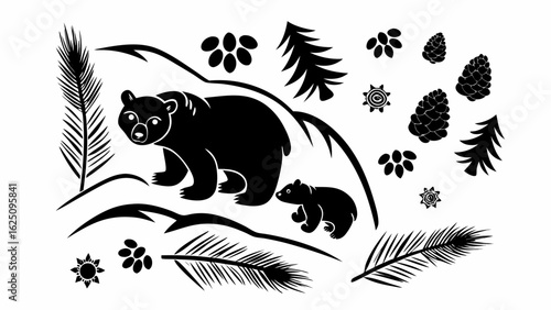 Illustration of a bear and cub in a forest setting with pine cones and foliage in black and white style silhouette