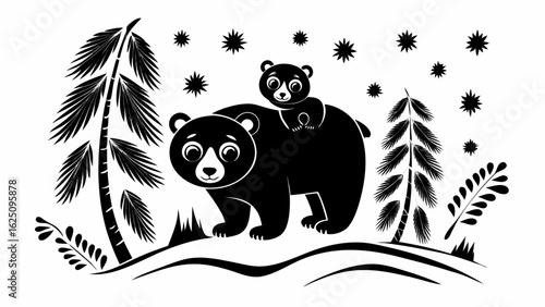 Silhouette of a bear carrying its cub with trees and stars in a monochrome black and white design