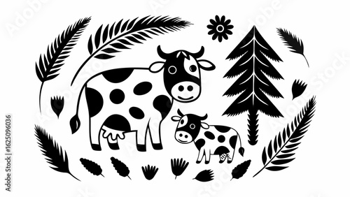 Illustration of a mother cow and calf with black spots surrounded by foliage and a pine tree design silhouette