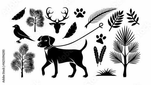Illustration of a dog on a leash with a bird, deer antlers, trees, feathers, and paw prints in black and white silhouette