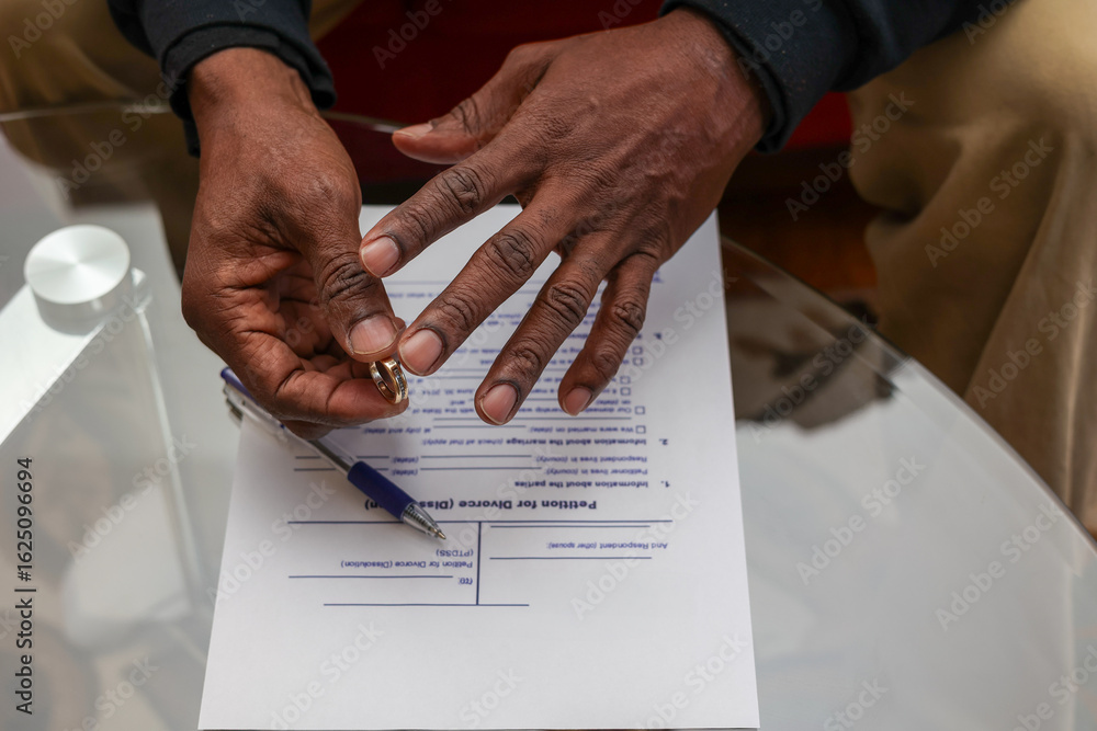 Obraz premium A sad black man signing divorce papers and taking off his wedding ring 