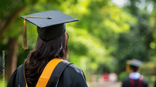 A female graduate in academic regalia stands in a park with a blurred background of trees and greenery.
