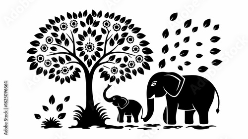 Silhouette of a tree with flowers and leaves and two elephants one adult and one baby in black and white
