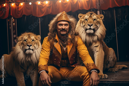 Trainer showcases incredible bond with lions and tigers during circus performance at a vibrant outdoor arena