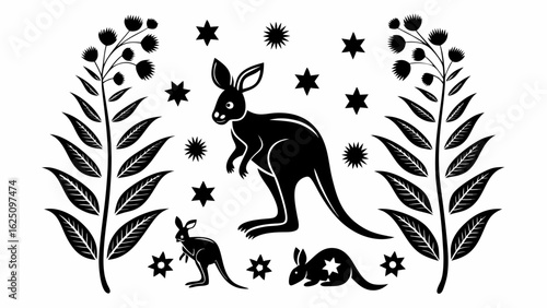 Black and white illustration with kangaroos, stars, and floral elements in a decorative arrangement silhouette