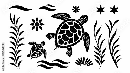 Illustration of two turtles with seaweed, flowers, waves and stars in black and white vector format silhouette