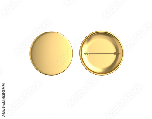 Blank round gold button badge mockup showing shiny metallic front and back with pin fastener.