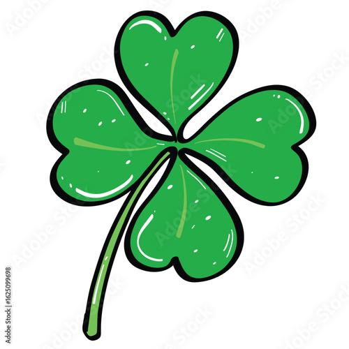 Vibrant green four leaf clover symbolizes luck and prosperity, featuring rounded leaves and slender stem. This charming illustration captures essence of good fortune and nature beauty