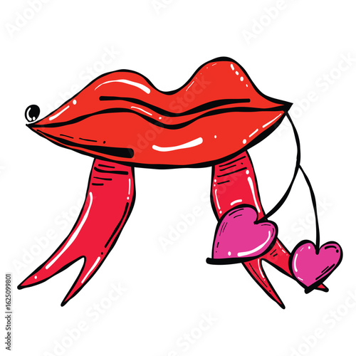 Bold red lips with playful ribbons and pink hearts create vibrant and whimsical design. This illustration captures fun and flirty essence, perfect for expressing love and affection